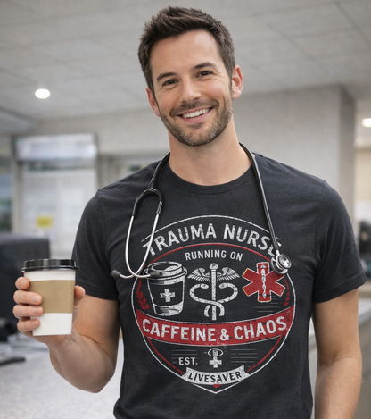 Trauma Nurse T-Shirt | Running on Caffeine & Chaos Funny ER Nursing Tee