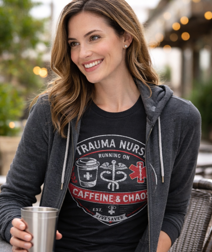 Trauma Nurse T-Shirt | Running on Caffeine & Chaos Funny ER Nursing Tee