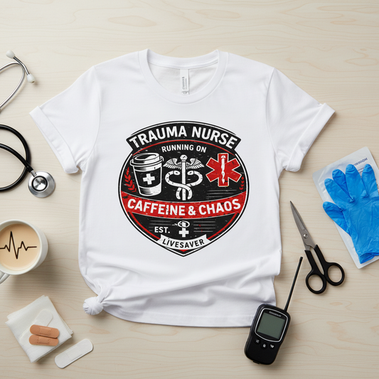 Trauma Nurse Caffeine & Chaos - White T-Shirt Lifestyle Mockup