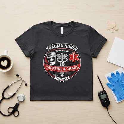 Trauma Nurse Caffeine & Chaos - Dark Heather T-Shirt Lifestyle Mockup