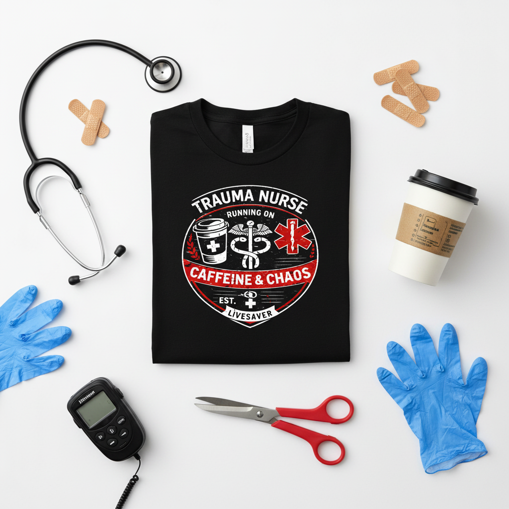 Trauma Nurse Caffeine & Chaos - Black T-Shirt Lifestyle Mockup